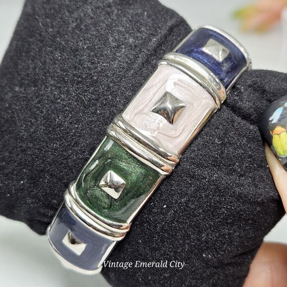 Vtg Geo Glam Enamel Clamper Silver Tone Hinge Bangle Bracelet Green Pink & Blue - Picture 7 of 12